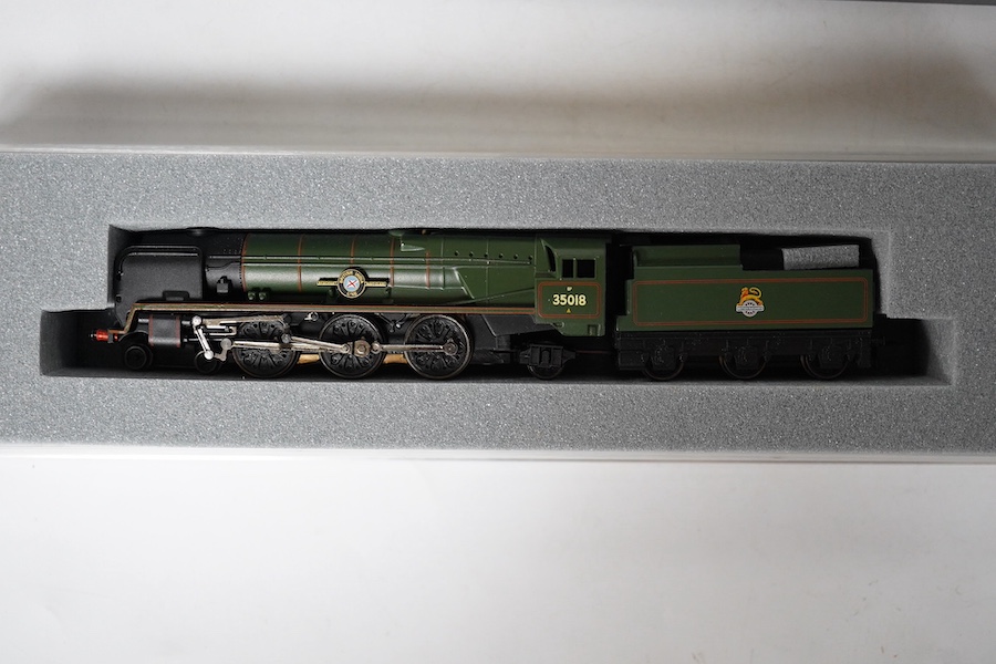 Two boxed Graham Farish N gauge railway BR Merchant Navy Class locomotives; British India Line 35018 (372-300) and Canadian Pacific 35005 (372-301). Condition - good.